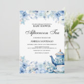 ほこりっぽいブルーフローラアフタヌーンティーベイビーシャワー 招待状 (スタンド正面)