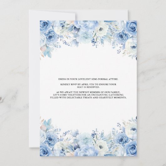 ほこりっぽいブルーフローラアフタヌーンティーベイビーシャワー 招待状 (裏面)