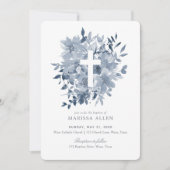 ほこりっぽいブルーフローラグリーンリーニュートラルバプテスマ 招待状 (正面)