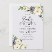 ほこりっぽいブルーフローラネイビーボーイズ赤ちゃんシャワー 招待状 (正面)