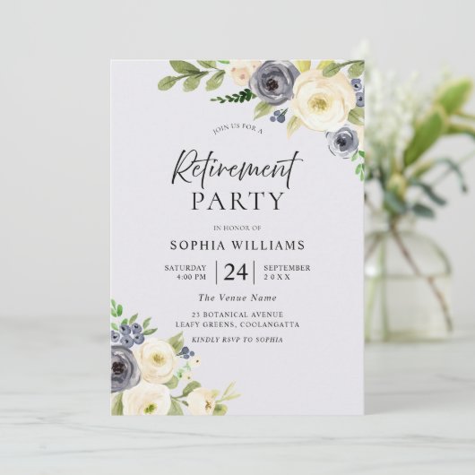 ほこりっぽいブルーフローラネイビー水彩退職パーティー 招待状 (スタンド正面)