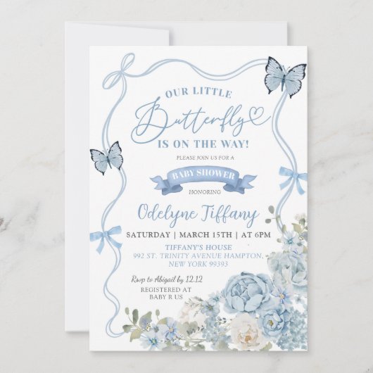 ほこりっぽいブルーフローラバタフライベビーシャワー招待状 招待状 (正面)