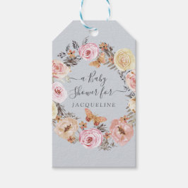 ほこりっぽいブルーフローラバタフライリースベビーシャワー ギフトタグ