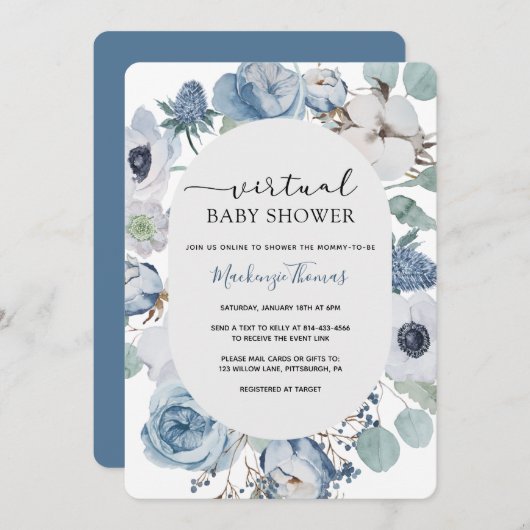 ほこりっぽいブルーフローラバーチャルベビーシャワー招待状 招待状 (正面/裏面)