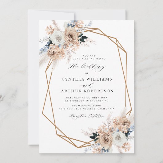 ほこりっぽいブルーフローラパンパス結婚式招待状 招待状 (正面)