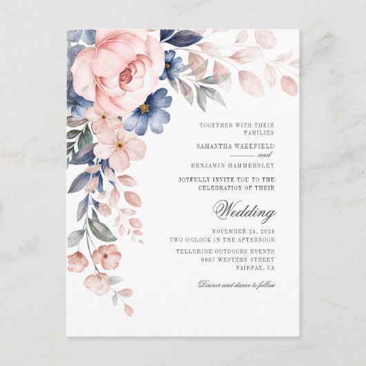 ほこりっぽいブルーフローラピンクウォーターカラー開花結婚ズ インビテーションポストカード (正面)