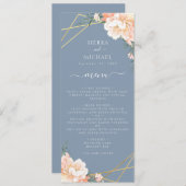 ほこりっぽいブルーフローラピーチ金ゴールドウェディングレセプション メニュー (正面/裏面)