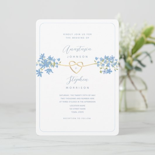 ほこりっぽいブルーフローラフォトウェディングQRとの招待 招待状 (スタンド正面)