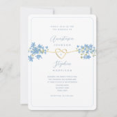 ほこりっぽいブルーフローラフォトウェディングQRとの招待 招待状 (正面)