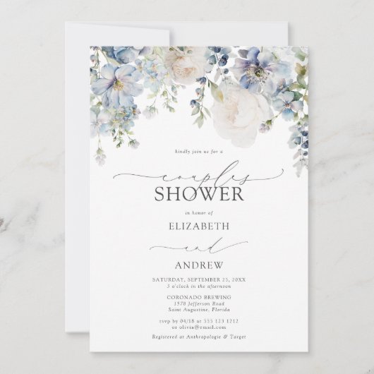 ほこりっぽいブルーフローラフォトカップルのシャワー 招待状 (正面)