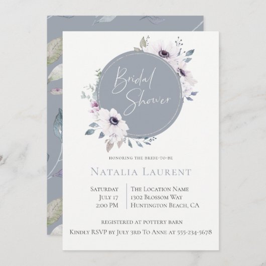 ほこりっぽいブルーフローラフレームブライダルシャワー招待 招待状 (正面/裏面)