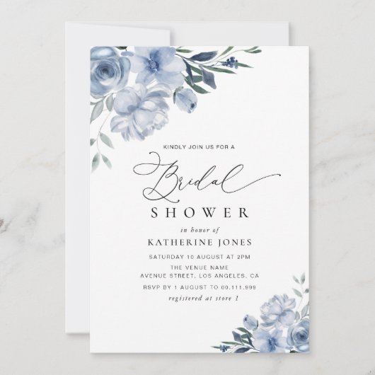 ほこりっぽいブルーフローラブライダルシャワー 招待状 (正面)