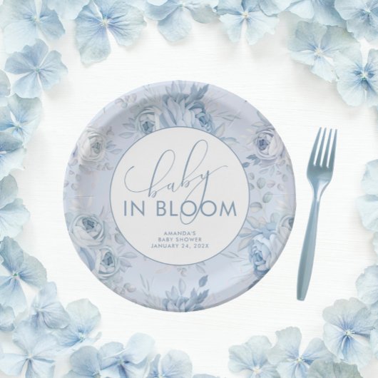 ほこりっぽいブルーフローラベビーイン開花ベビーシャワー ペーパープレート