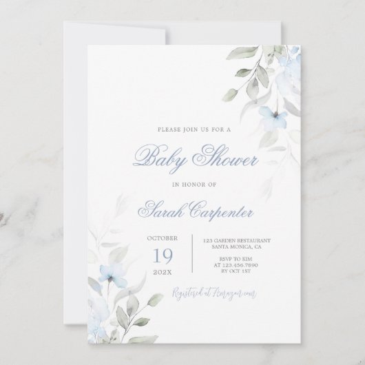 ほこりっぽいブルーフローラベビーシャワーボーイ 招待状 (正面)