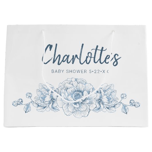 ほこりっぽいブルーフローラベビーシャワー大抱き枕 ラージペーパーバッグ (正面)