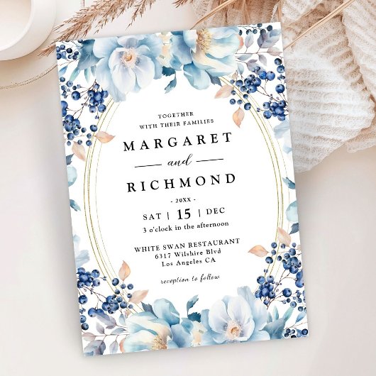ほこりっぽいブルーフローラベリークリスマスウィンターウェディング 招待状