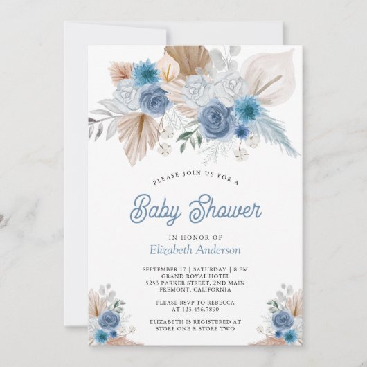 ほこりっぽいブルーフローラボホパンパスフォトベビーシャワー 招待状 (正面)