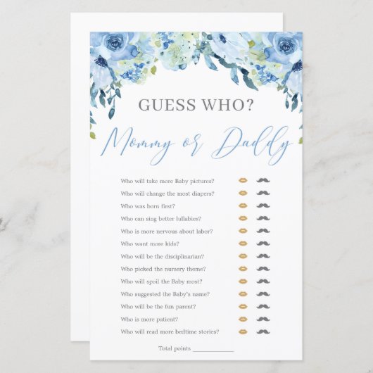 ほこりっぽいブルーフローラママまたはパパ赤ちゃんシャワーゲーム (正面/裏面)