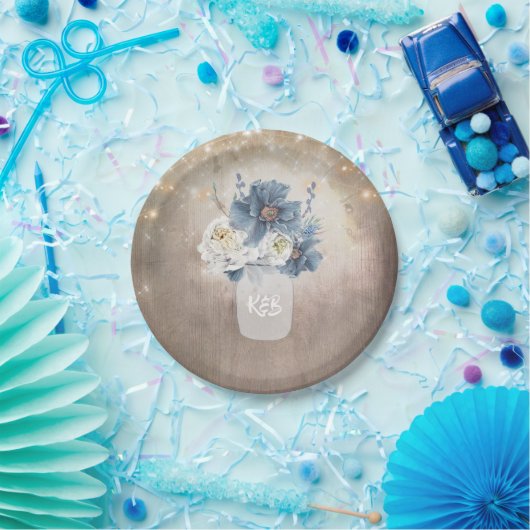 ほこりっぽいブルーフローラメイスンジャーイニシャルウッド ペーパープレート (パーティー)