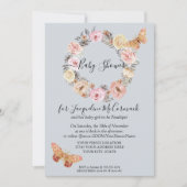 ほこりっぽいブルーフローラリースバタフライバーチャルシャワー 招待状 (正面)