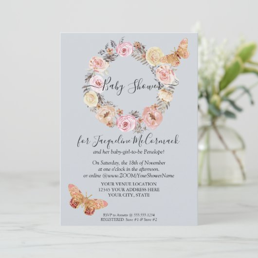 ほこりっぽいブルーフローラリースバタフライバーチャルシャワー 招待状 (スタンド正面)