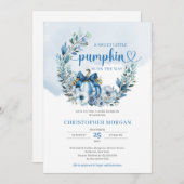 ほこりっぽいブルーフローラリースリトルカボチャ男の子ベビー 招待状 (正面/裏面)