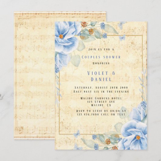 ほこりっぽいブルーフローラヴィンテージミュージカルカップルのシャワー 招待状 (正面/裏面)