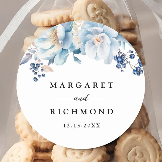 ほこりっぽいブルーフローラ冬の結婚式 ラウンドシール