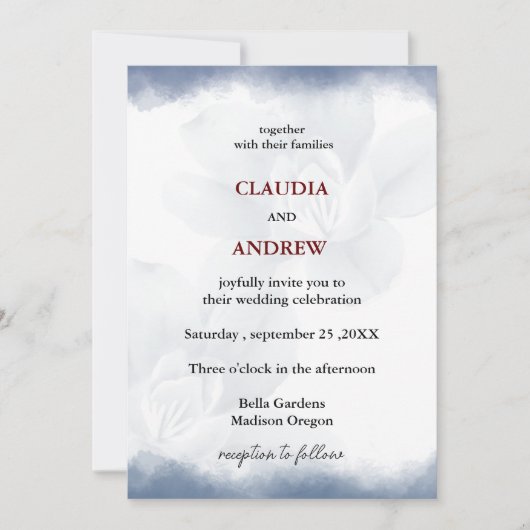 ほこりっぽいブルーフローラ植物水結婚色の 招待状 (正面)