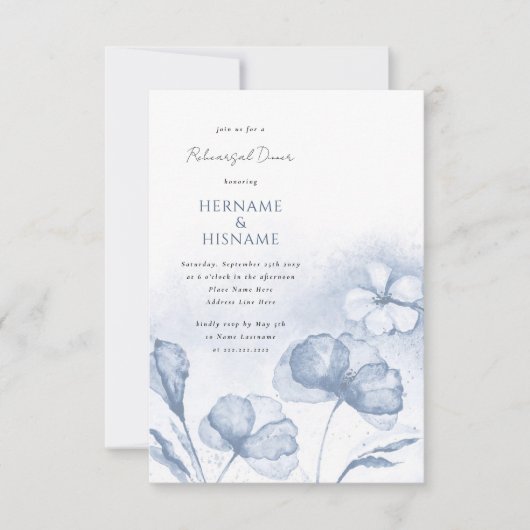 ほこりっぽいブルーフローラ水色リハーサルディナー 招待状 (正面)