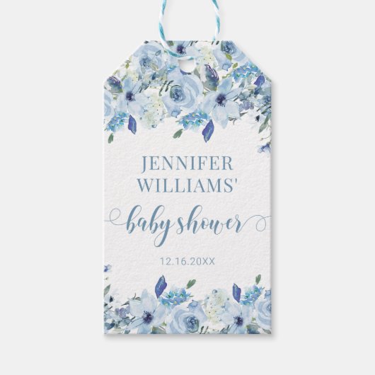 ほこりっぽいブルーフローラ男の赤ちゃんシャワーお気に入りギフトラベル ギフトタグ (正面)