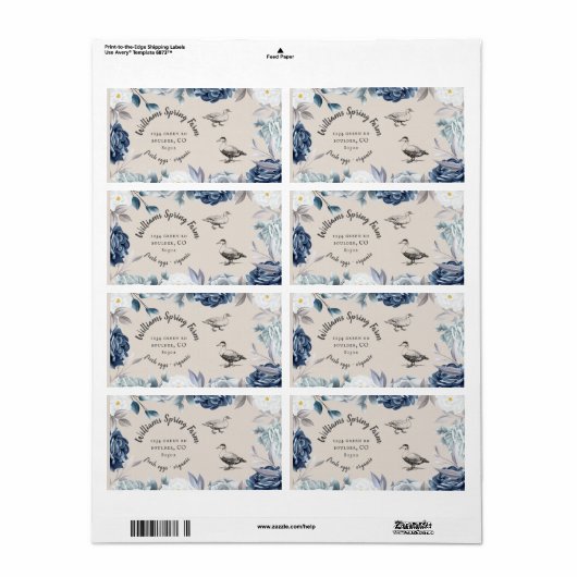 ほこりっぽいブルーフローラ素朴なスクリプト鴨エッグカートン ラベル (フルシート)