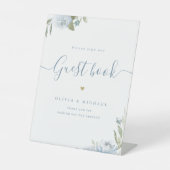 ほこりっぽいブルーフローラ結婚スクリプト素朴のゲストブック 台座サイン (正面)