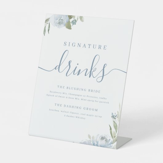 ほこりっぽいブルーフローラ結婚ラスティックのシグネチャードリンク 台座サイン (正面)
