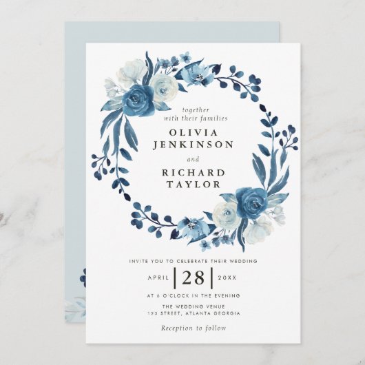 ほこりっぽいブルーフローラ結婚式招待状 招待状 (正面/裏面)