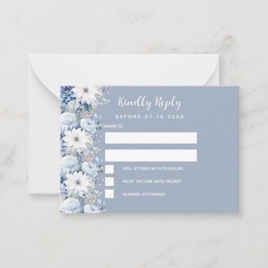 ほこりっぽいブルーフローラ結婚式RSVP ノートカード (正面)