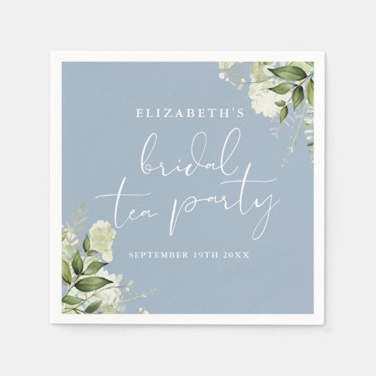 ほこりっぽいブルーフローラ緑のスクリプトブライダル茶パーティー スタンダードカクテルナプキン (正面)