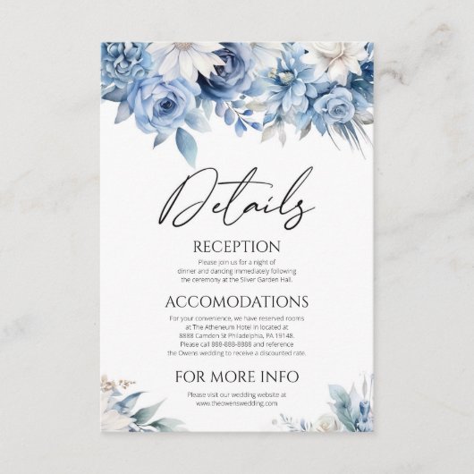 ほこりっぽいブルーフローラ花庭園の結婚式詳細 エンクロージャーカード (正面)