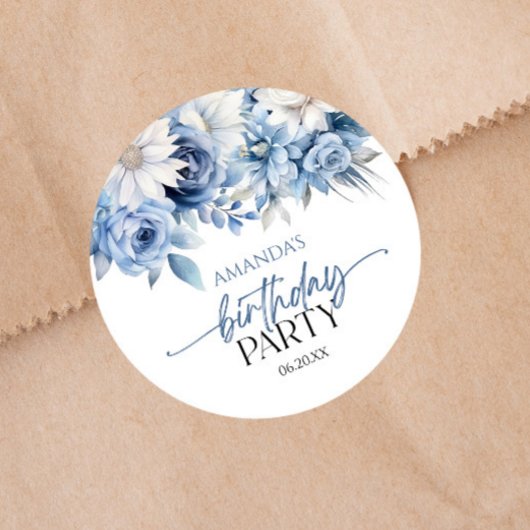 ほこりっぽいブルーフローラ花誕生会 ラウンドシール