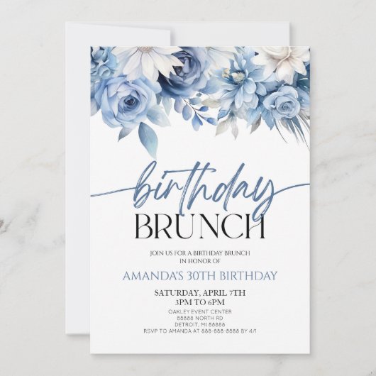 ほこりっぽいブルーフローラ花誕生日ブランチパーティー 招待状 (正面)