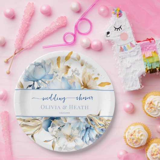 ほこりっぽいブルーフローラ金ゴールドカップルのシャワー ペーパープレート (パーティー)