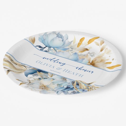 ほこりっぽいブルーフローラ金ゴールドカップルのシャワー ペーパープレート (アングル)