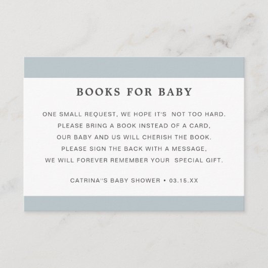 ほこりっぽいブルーブックリクエスト男の子ベイビーシャワー エンクロージャーカード (正面)