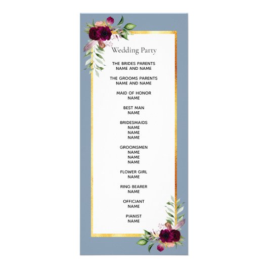 ほこりっぽいブルーブルゴーニュ花模様結婚式プログラム ラックカード (裏面)