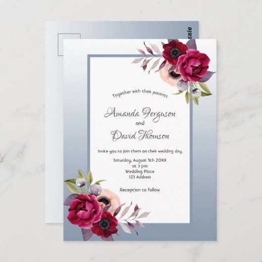 ほこりっぽいブルーブルゴーニュ花模様結婚式招待状 ポストカード (正面/裏面)