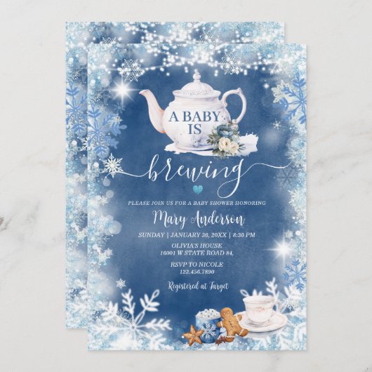 ほこりっぽいブルーベビーが赤ちゃんシャワーのクリスマスを醸造している 招待状 (正面/裏面)