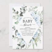ほこりっぽいブルーベビーシャワーフローラ緑 招待状 (正面)