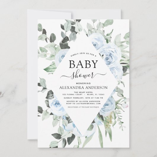 ほこりっぽいブルーベビーシャワーフローラ緑 招待状 (正面)