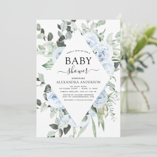 ほこりっぽいブルーベビーシャワーフローラ緑 招待状 (スタンド正面)