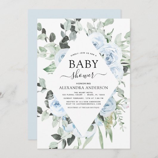 ほこりっぽいブルーベビーシャワーフローラ緑 招待状 (正面/裏面)